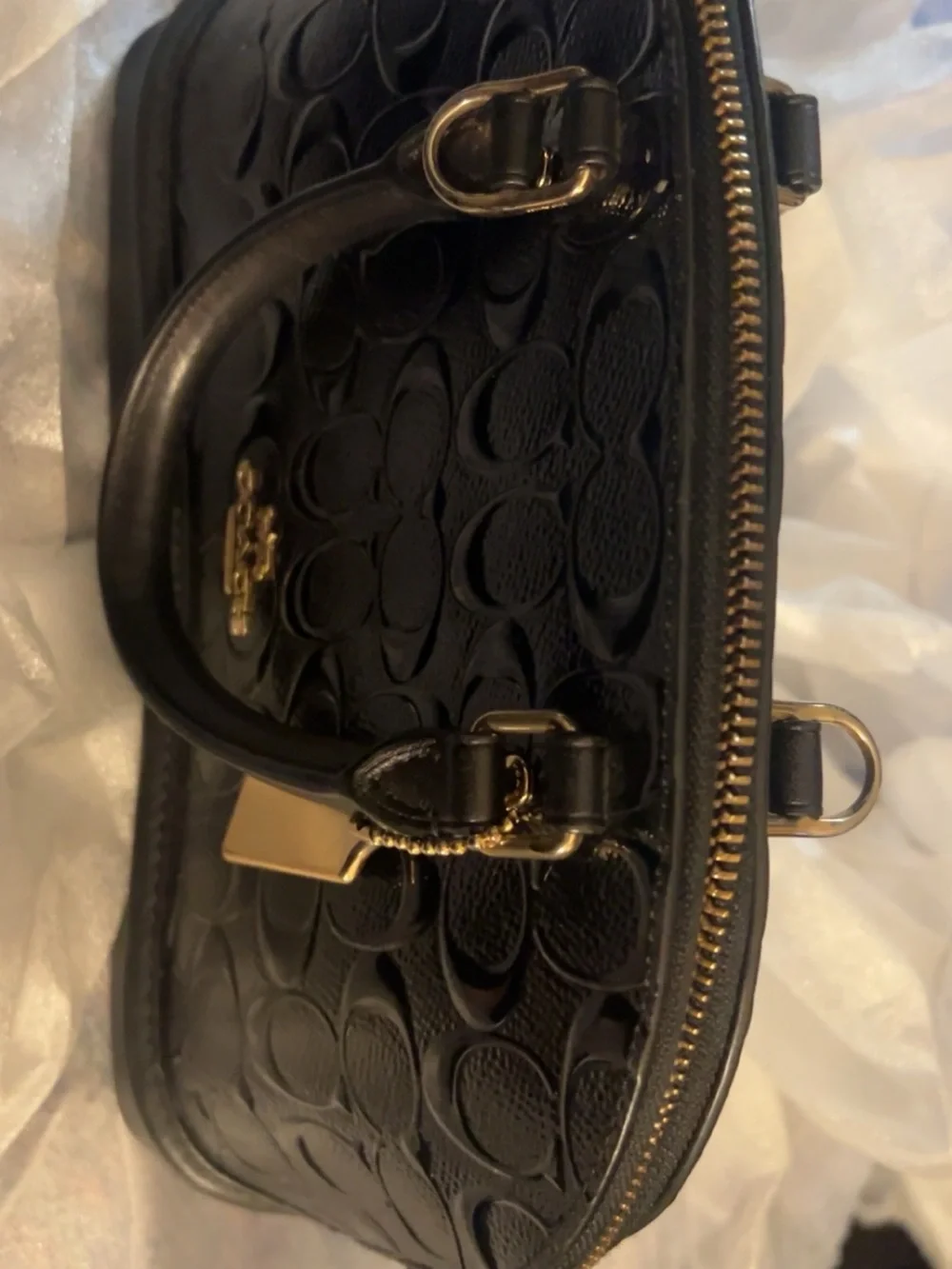 COACH Black Patent Signature Dome Satchel with Gold Hardware